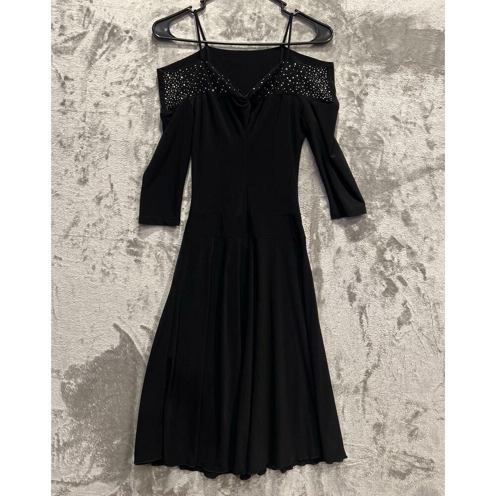 Fit-and-flare dress distinctive off-the-shoulder neckline adorned w/ rhinestones